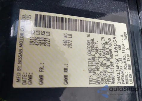 2016 Nissan Altima 2.5 Sv from USA, damaged, VIN 1N4AL3AP7GC116058